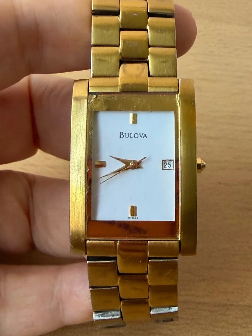 VINTAGE LADIES BULOVA LARGE RECTANGULAR TANK WATCH GOLD TONE METAL FRESH BATTERY